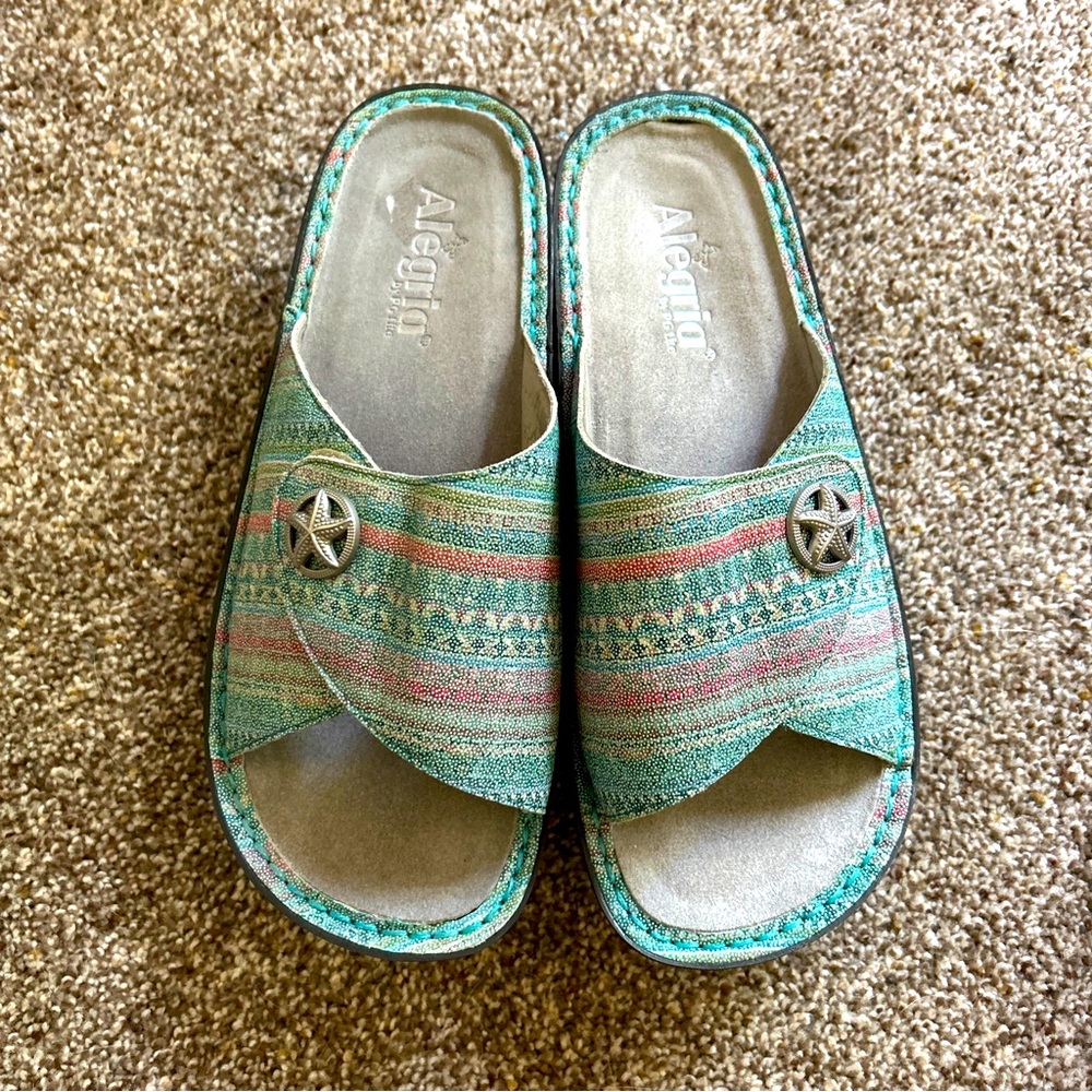 ALEGRIA Kylee Leather Printed Slide Sandals Seascape Starfish EU 39 US 9